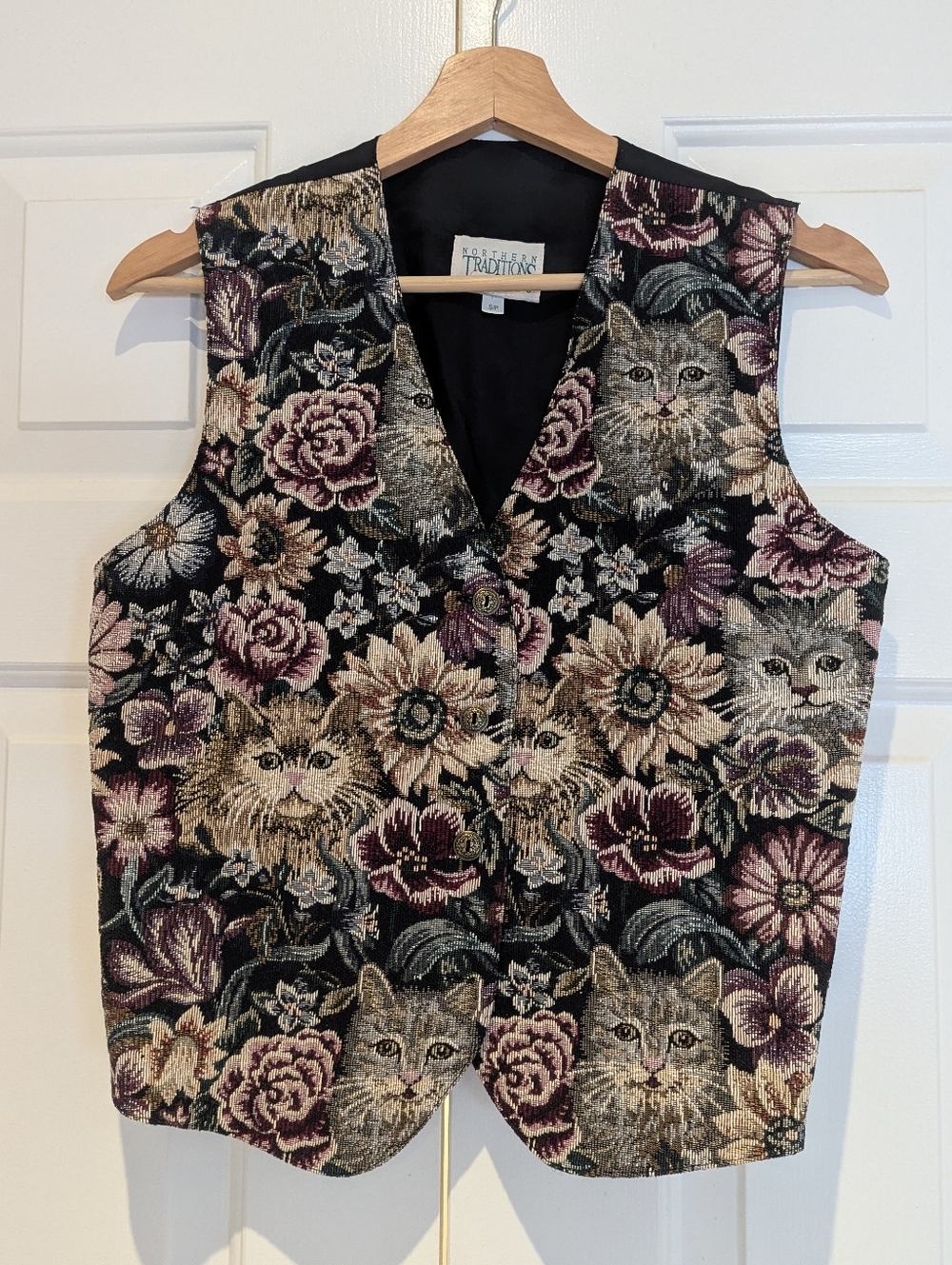 Vintage Northern Traditions Womens The Purrfect Floral Cat Tapestry Vest S